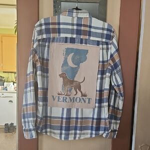 Blue and Brown Plaid Men's Shirt with Vermont Dog Print